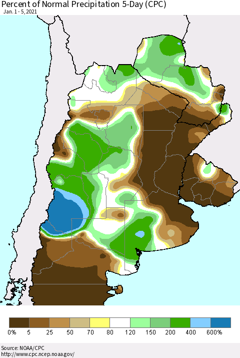 Southern South America Percent of Normal Precipitation 5-Day (CPC) Thematic Map For 1/1/2021 - 1/5/2021