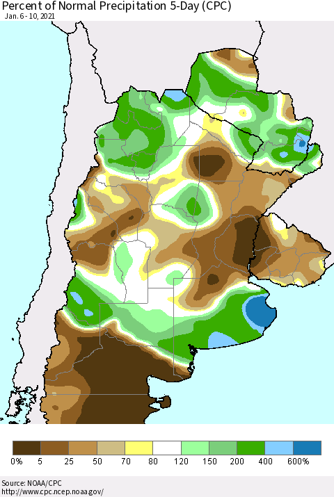 Southern South America Percent of Normal Precipitation 5-Day (CPC) Thematic Map For 1/6/2021 - 1/10/2021