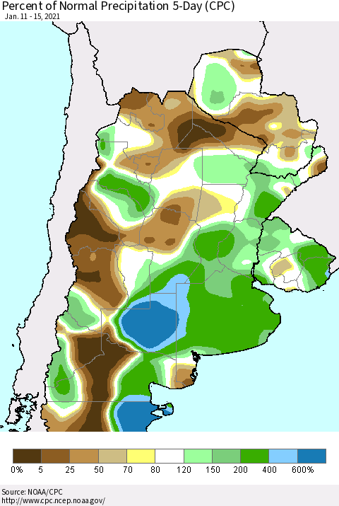 Southern South America Percent of Normal Precipitation 5-Day (CPC) Thematic Map For 1/11/2021 - 1/15/2021