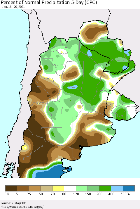 Southern South America Percent of Normal Precipitation 5-Day (CPC) Thematic Map For 1/16/2021 - 1/20/2021