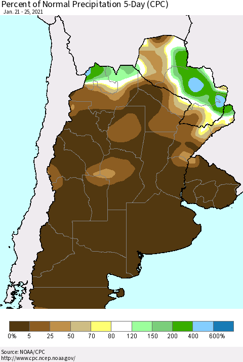 Southern South America Percent of Normal Precipitation 5-Day (CPC) Thematic Map For 1/21/2021 - 1/25/2021