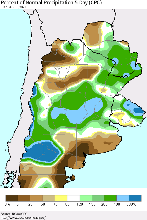 Southern South America Percent of Normal Precipitation 5-Day (CPC) Thematic Map For 1/26/2021 - 1/31/2021