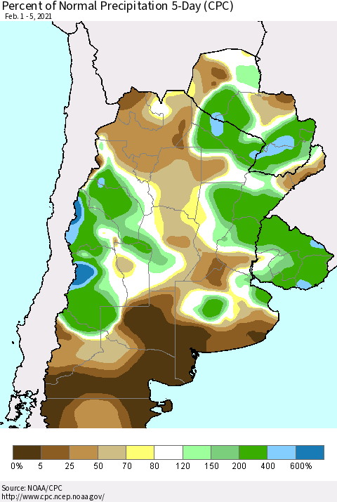 Southern South America Percent of Normal Precipitation 5-Day (CPC) Thematic Map For 2/1/2021 - 2/5/2021