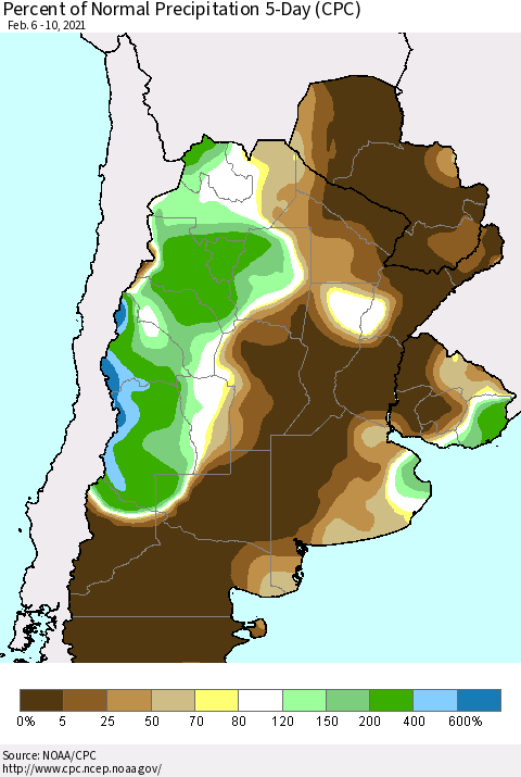 Southern South America Percent of Normal Precipitation 5-Day (CPC) Thematic Map For 2/6/2021 - 2/10/2021