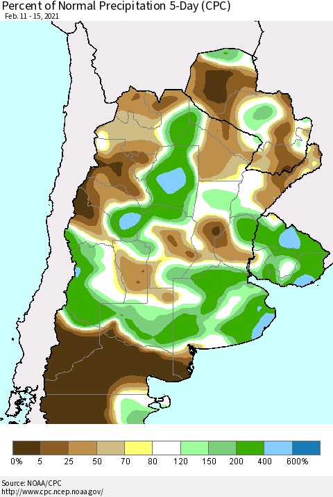 Southern South America Percent of Normal Precipitation 5-Day (CPC) Thematic Map For 2/11/2021 - 2/15/2021