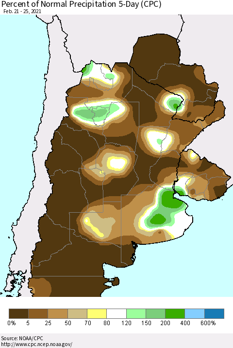 Southern South America Percent of Normal Precipitation 5-Day (CPC) Thematic Map For 2/21/2021 - 2/25/2021
