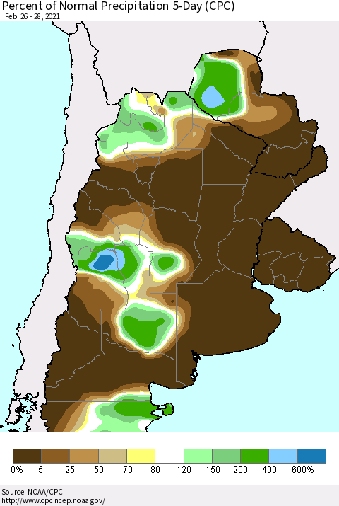 Southern South America Percent of Normal Precipitation 5-Day (CPC) Thematic Map For 2/26/2021 - 2/28/2021