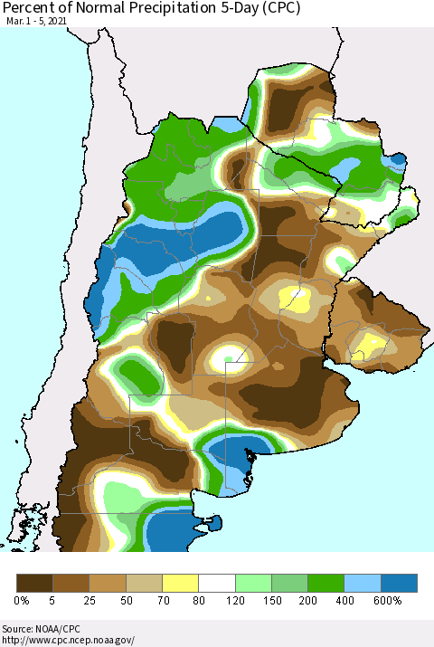 Southern South America Percent of Normal Precipitation 5-Day (CPC) Thematic Map For 3/1/2021 - 3/5/2021