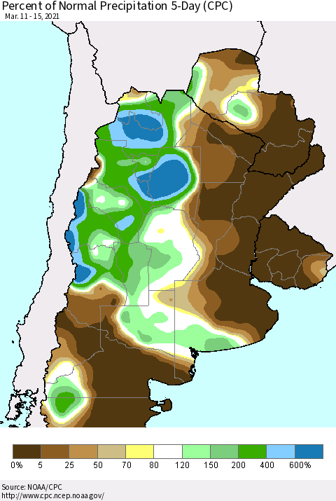 Southern South America Percent of Normal Precipitation 5-Day (CPC) Thematic Map For 3/11/2021 - 3/15/2021