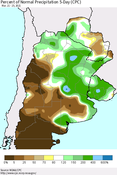 Southern South America Percent of Normal Precipitation 5-Day (CPC) Thematic Map For 3/21/2021 - 3/25/2021
