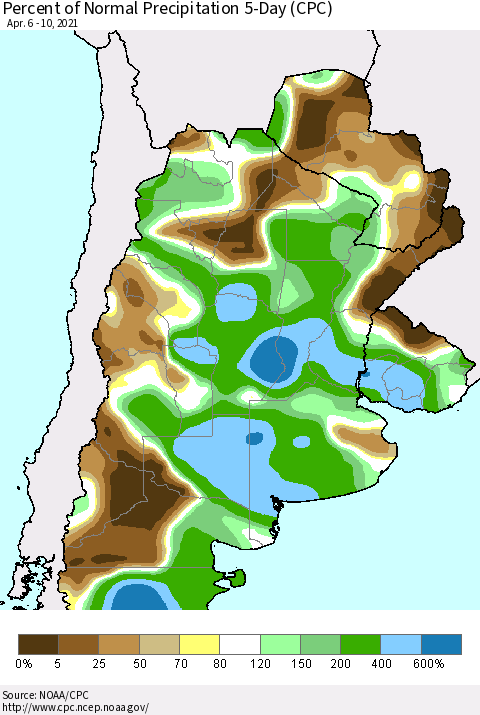 Southern South America Percent of Normal Precipitation 5-Day (CPC) Thematic Map For 4/6/2021 - 4/10/2021