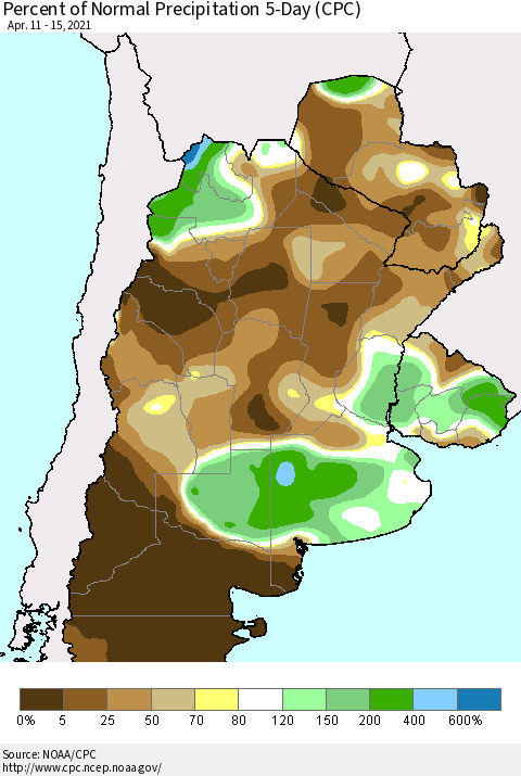 Southern South America Percent of Normal Precipitation 5-Day (CPC) Thematic Map For 4/11/2021 - 4/15/2021