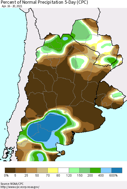 Southern South America Percent of Normal Precipitation 5-Day (CPC) Thematic Map For 4/16/2021 - 4/20/2021