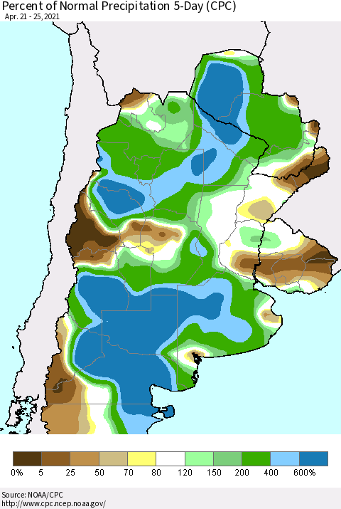 Southern South America Percent of Normal Precipitation 5-Day (CPC) Thematic Map For 4/21/2021 - 4/25/2021