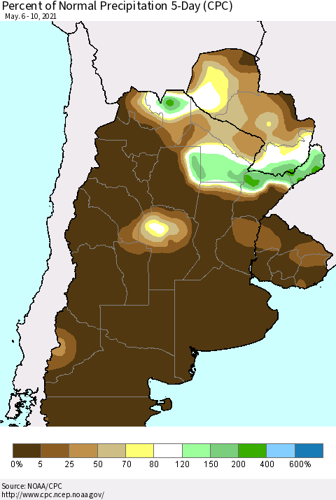 Southern South America Percent of Normal Precipitation 5-Day (CPC) Thematic Map For 5/6/2021 - 5/10/2021