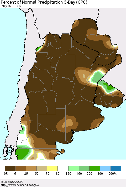 Southern South America Percent of Normal Precipitation 5-Day (CPC) Thematic Map For 5/26/2021 - 5/31/2021