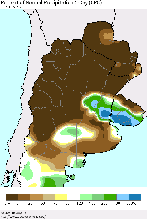 Southern South America Percent of Normal Precipitation 5-Day (CPC) Thematic Map For 6/1/2021 - 6/5/2021