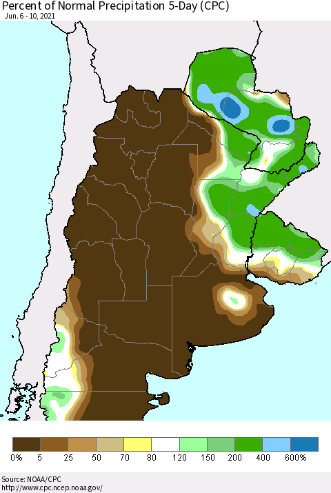 Southern South America Percent of Normal Precipitation 5-Day (CPC) Thematic Map For 6/6/2021 - 6/10/2021