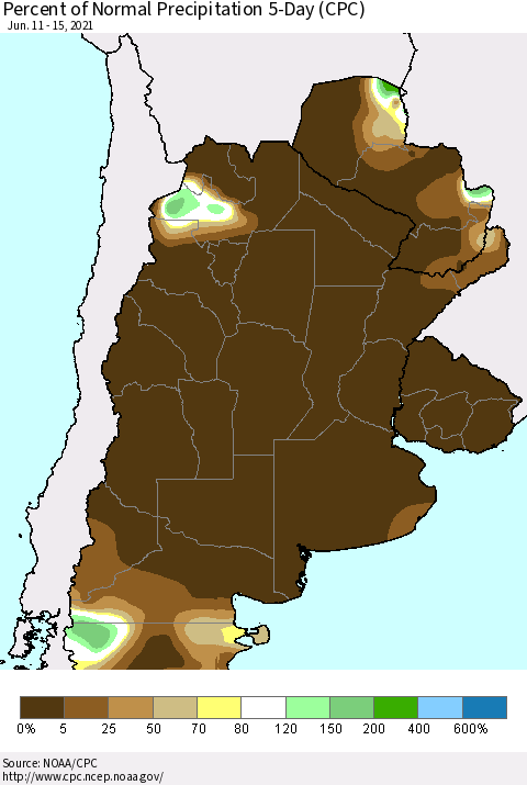 Southern South America Percent of Normal Precipitation 5-Day (CPC) Thematic Map For 6/11/2021 - 6/15/2021