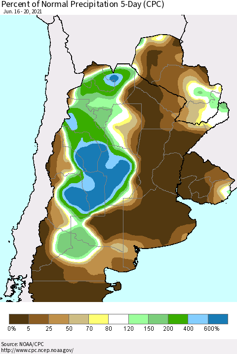 Southern South America Percent of Normal Precipitation 5-Day (CPC) Thematic Map For 6/16/2021 - 6/20/2021