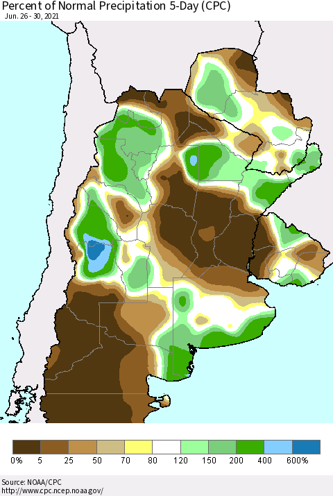 Southern South America Percent of Normal Precipitation 5-Day (CPC) Thematic Map For 6/26/2021 - 6/30/2021