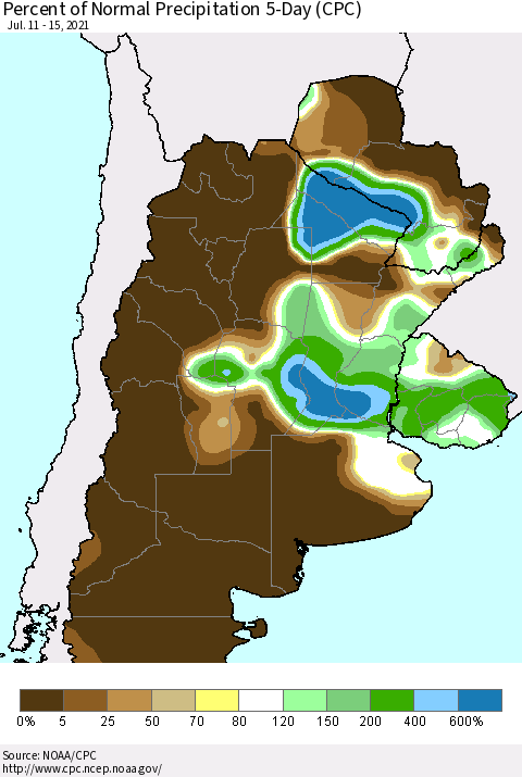 Southern South America Percent of Normal Precipitation 5-Day (CPC) Thematic Map For 7/11/2021 - 7/15/2021