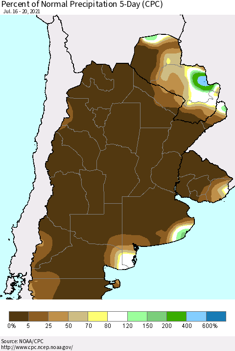 Southern South America Percent of Normal Precipitation 5-Day (CPC) Thematic Map For 7/16/2021 - 7/20/2021