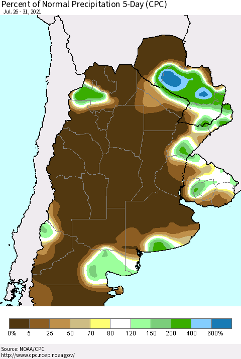 Southern South America Percent of Normal Precipitation 5-Day (CPC) Thematic Map For 7/26/2021 - 7/31/2021