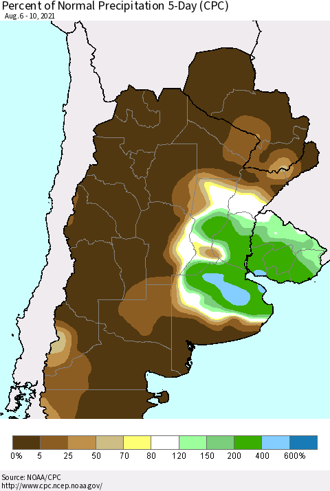 Southern South America Percent of Normal Precipitation 5-Day (CPC) Thematic Map For 8/6/2021 - 8/10/2021