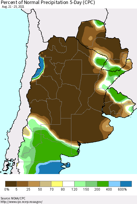 Southern South America Percent of Normal Precipitation 5-Day (CPC) Thematic Map For 8/21/2021 - 8/25/2021