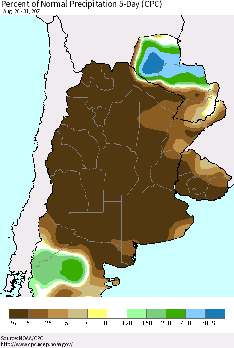 Southern South America Percent of Normal Precipitation 5-Day (CPC) Thematic Map For 8/26/2021 - 8/31/2021