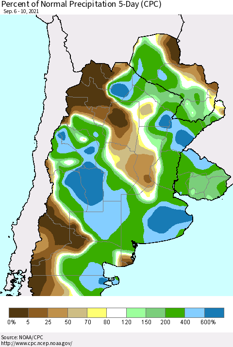 Southern South America Percent of Normal Precipitation 5-Day (CPC) Thematic Map For 9/6/2021 - 9/10/2021
