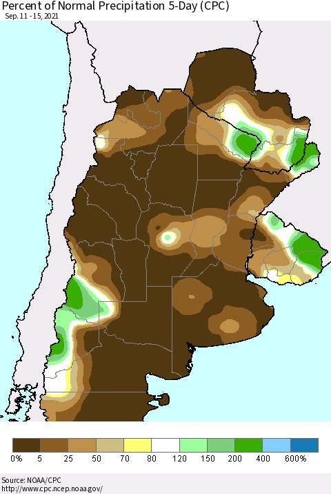 Southern South America Percent of Normal Precipitation 5-Day (CPC) Thematic Map For 9/11/2021 - 9/15/2021