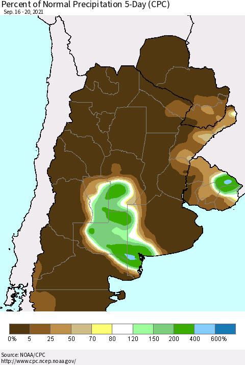 Southern South America Percent of Normal Precipitation 5-Day (CPC) Thematic Map For 9/16/2021 - 9/20/2021