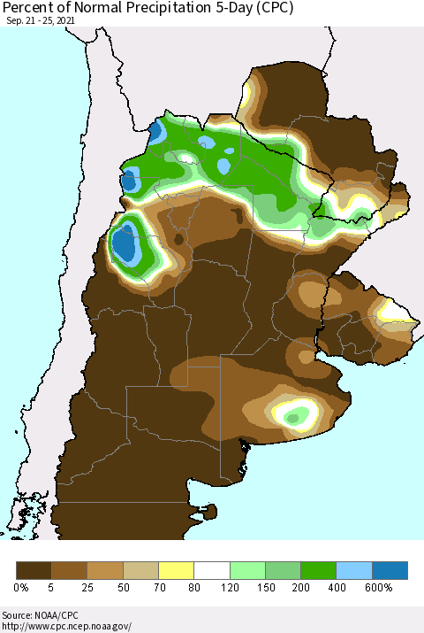Southern South America Percent of Normal Precipitation 5-Day (CPC) Thematic Map For 9/21/2021 - 9/25/2021