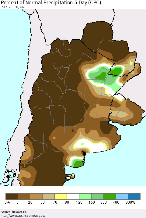 Southern South America Percent of Normal Precipitation 5-Day (CPC) Thematic Map For 9/26/2021 - 9/30/2021