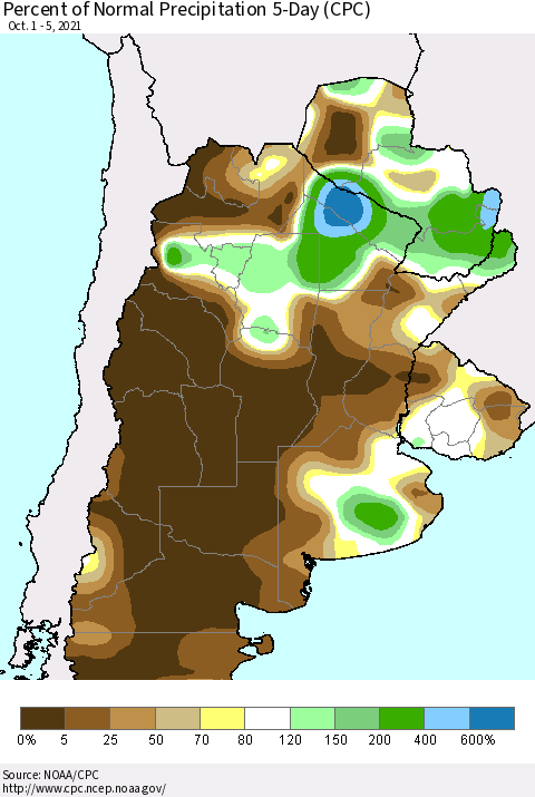 Southern South America Percent of Normal Precipitation 5-Day (CPC) Thematic Map For 10/1/2021 - 10/5/2021