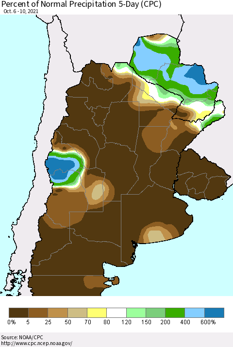 Southern South America Percent of Normal Precipitation 5-Day (CPC) Thematic Map For 10/6/2021 - 10/10/2021