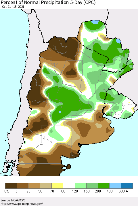 Southern South America Percent of Normal Precipitation 5-Day (CPC) Thematic Map For 10/11/2021 - 10/15/2021