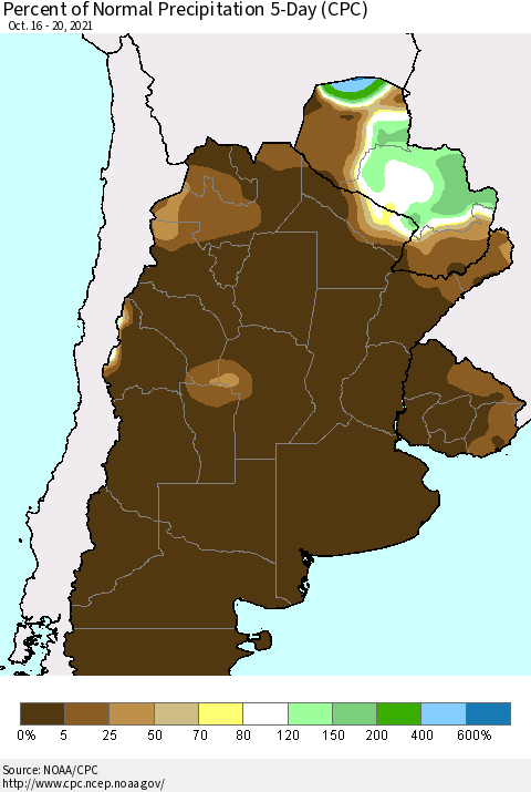 Southern South America Percent of Normal Precipitation 5-Day (CPC) Thematic Map For 10/16/2021 - 10/20/2021