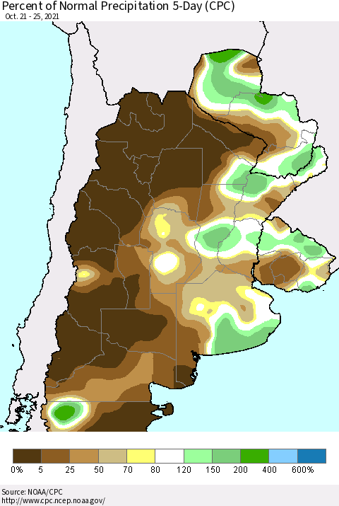 Southern South America Percent of Normal Precipitation 5-Day (CPC) Thematic Map For 10/21/2021 - 10/25/2021