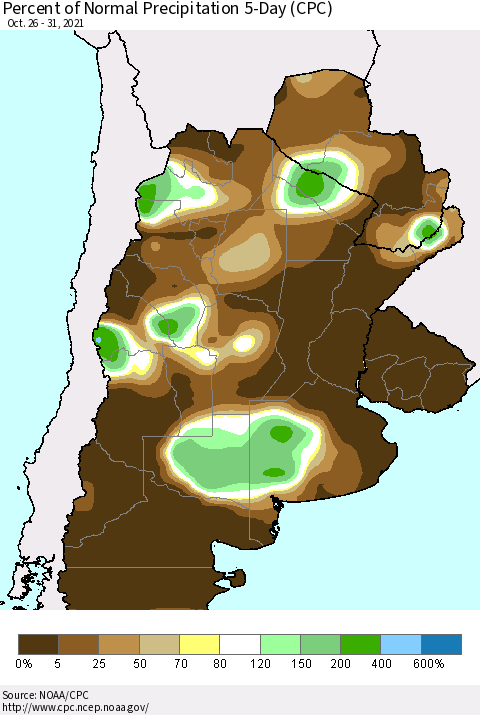 Southern South America Percent of Normal Precipitation 5-Day (CPC) Thematic Map For 10/26/2021 - 10/31/2021