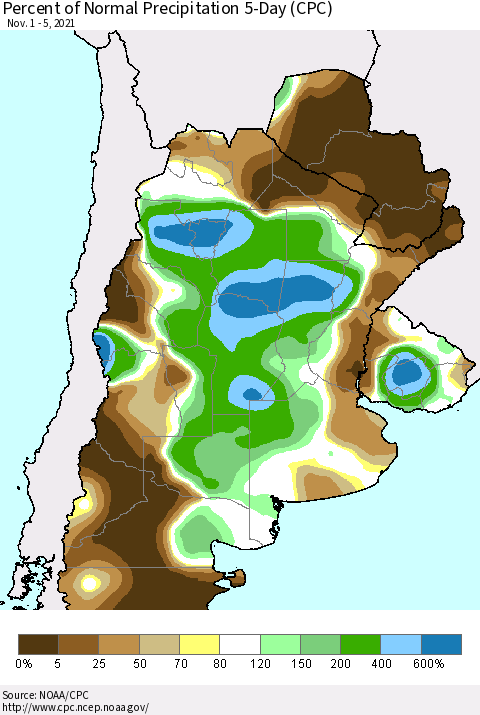Southern South America Percent of Normal Precipitation 5-Day (CPC) Thematic Map For 11/1/2021 - 11/5/2021
