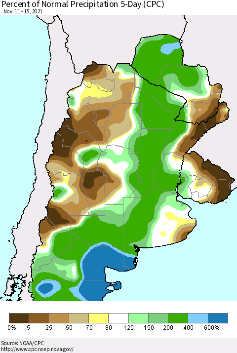Southern South America Percent of Normal Precipitation 5-Day (CPC) Thematic Map For 11/11/2021 - 11/15/2021