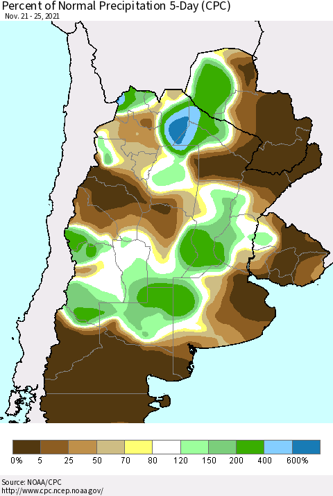 Southern South America Percent of Normal Precipitation 5-Day (CPC) Thematic Map For 11/21/2021 - 11/25/2021