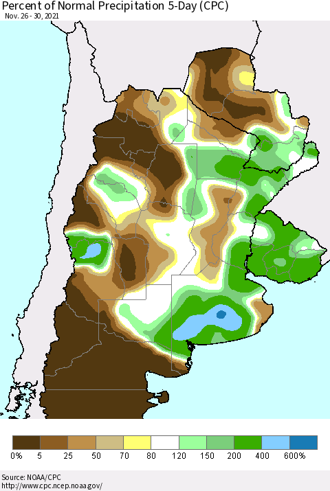 Southern South America Percent of Normal Precipitation 5-Day (CPC) Thematic Map For 11/26/2021 - 11/30/2021