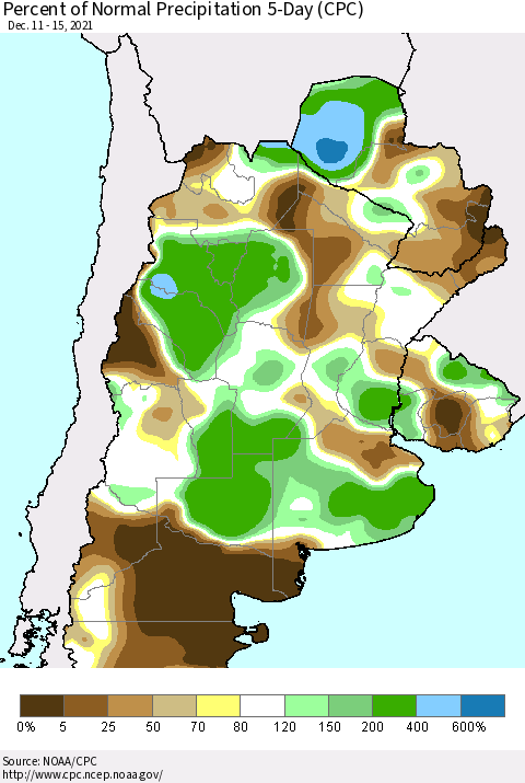 Southern South America Percent of Normal Precipitation 5-Day (CPC) Thematic Map For 12/11/2021 - 12/15/2021