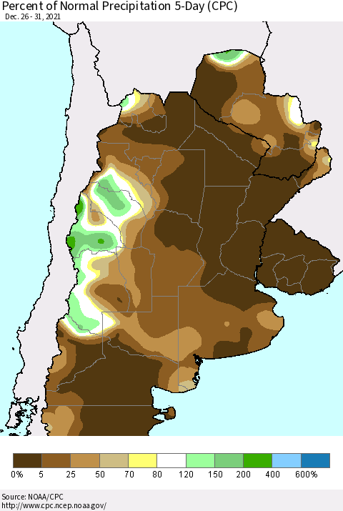 Southern South America Percent of Normal Precipitation 5-Day (CPC) Thematic Map For 12/26/2021 - 12/31/2021