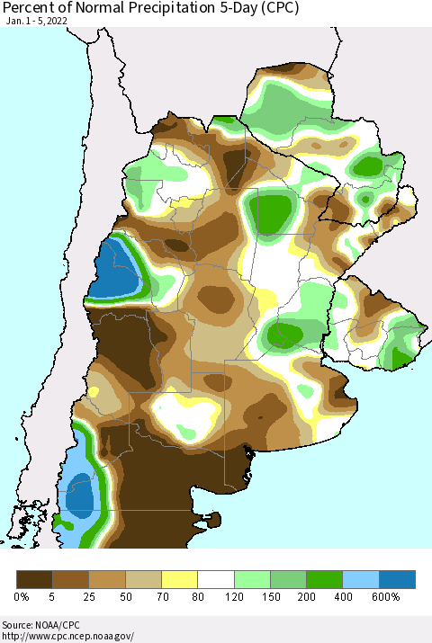Southern South America Percent of Normal Precipitation 5-Day (CPC) Thematic Map For 1/1/2022 - 1/5/2022