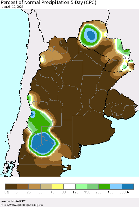 Southern South America Percent of Normal Precipitation 5-Day (CPC) Thematic Map For 1/6/2022 - 1/10/2022